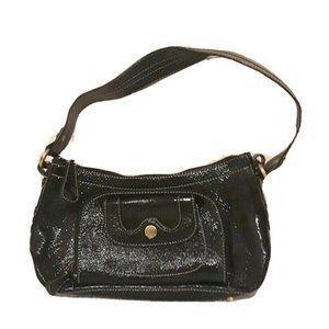 PERLINA Black Patent Leather Leopard Interior Medium Satchel Shoulder Bag